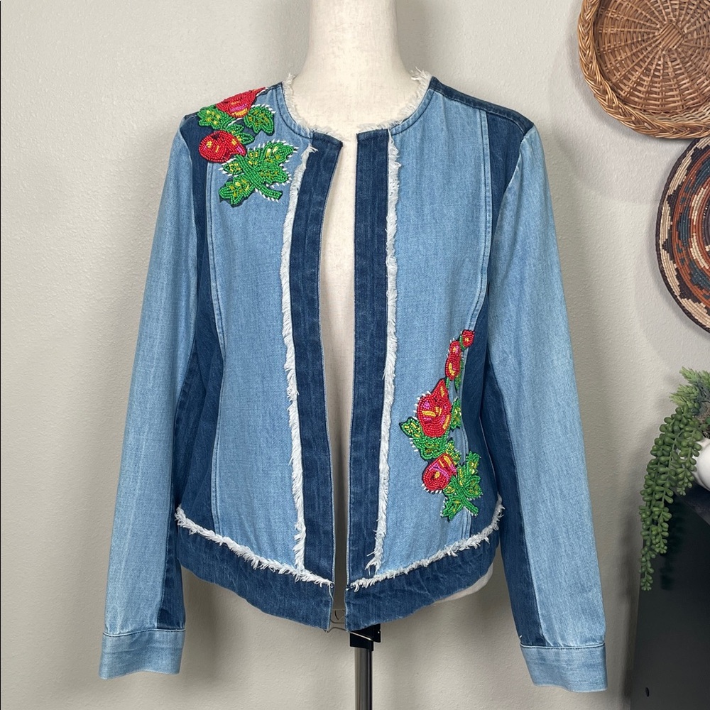 Relativity Floral Red Beaded Denim Jacket Two Tone Denim Boho Open Front